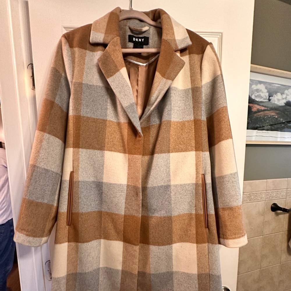 DKNY Women's Checkered Pea Coat - Brown, Gray, Cream
